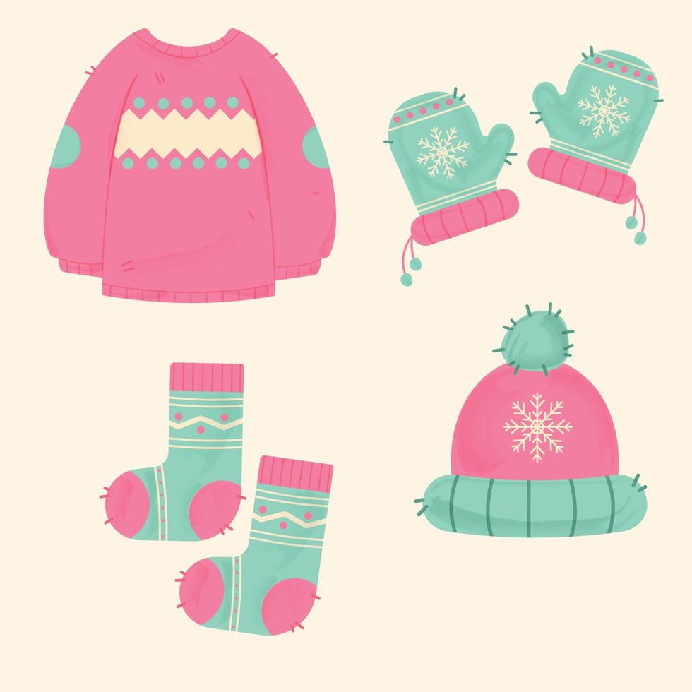 Winterkleidung. Pullover, Mütze, Fäustlinge, Handschuhe, Socken in Pink und Türkis vektor