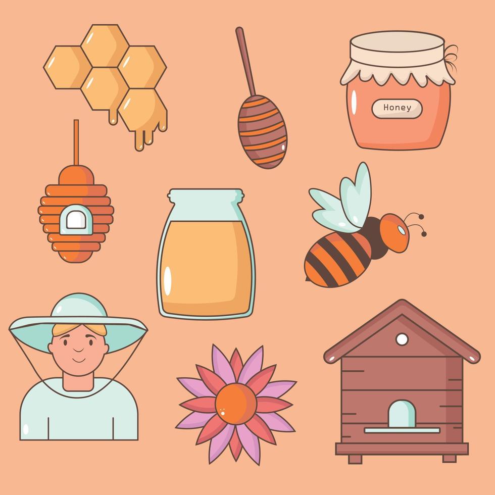 en uppsättning av honung. burk av honung, vaxkaka, bi, biodlare, bevis. vektor