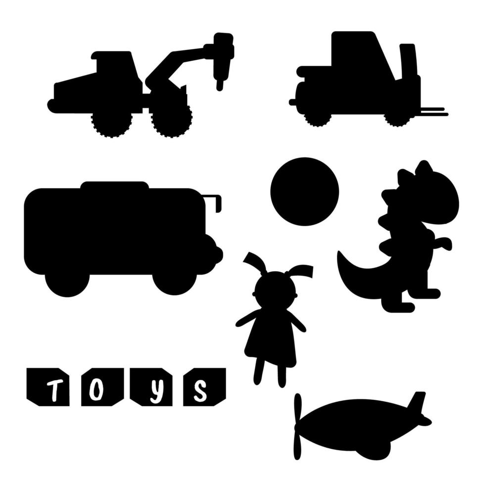 en samling av barns leksaker silhuett. traktor, buss, docka, dinosaurie, boll, helikopter, tärningar vektor