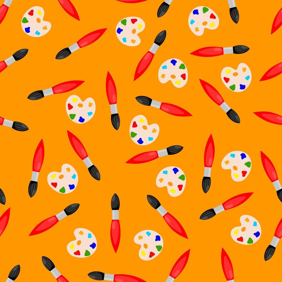 sömlös mönster med en paintbrush och en palett på en orange bakgrund. skola mönster. vektor