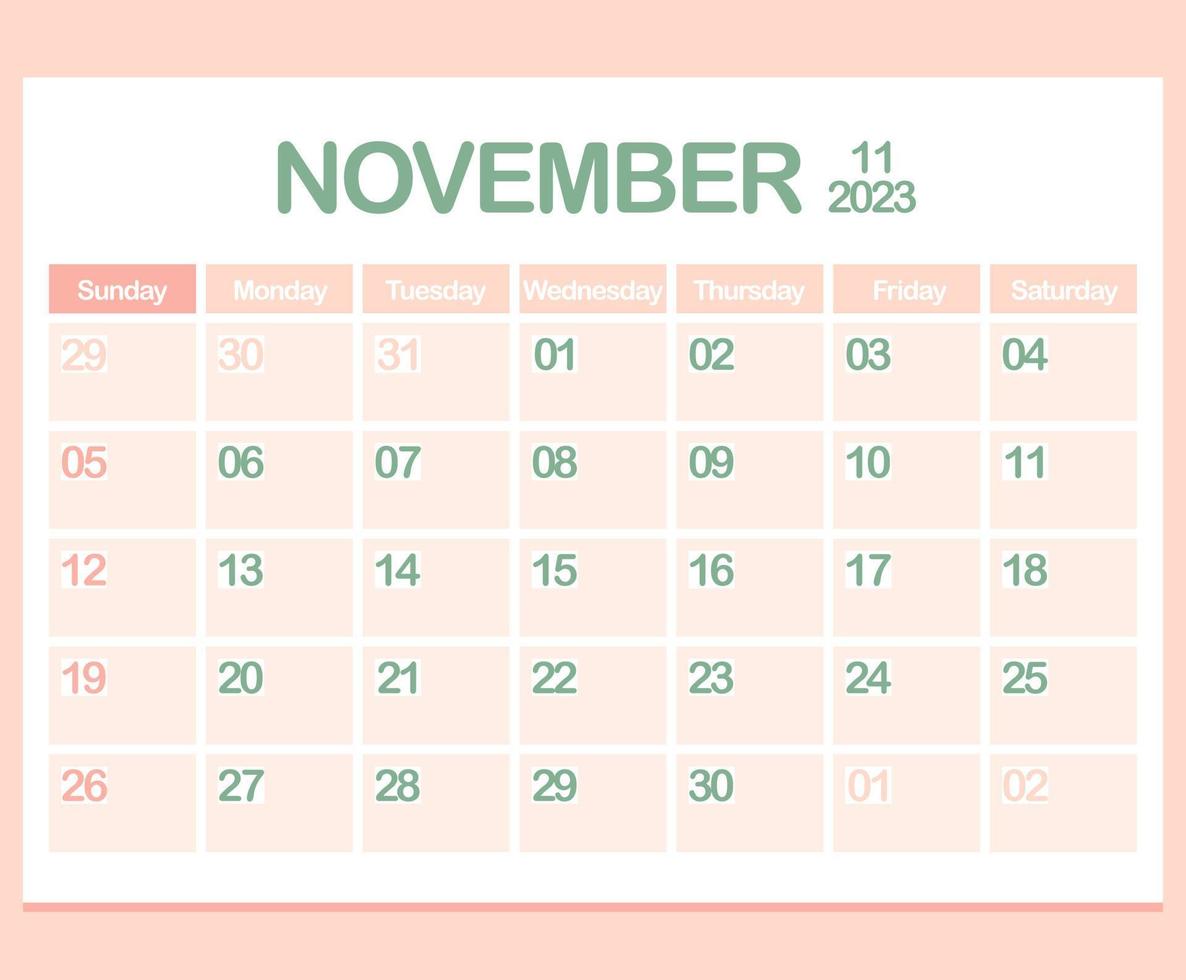 Kalender für das Jahr 2023. november. Bürounternehmensplaner-Vorlage in Pastellfarben. Wand- oder Desktop-Kalenderseite. Minimalismus vektor