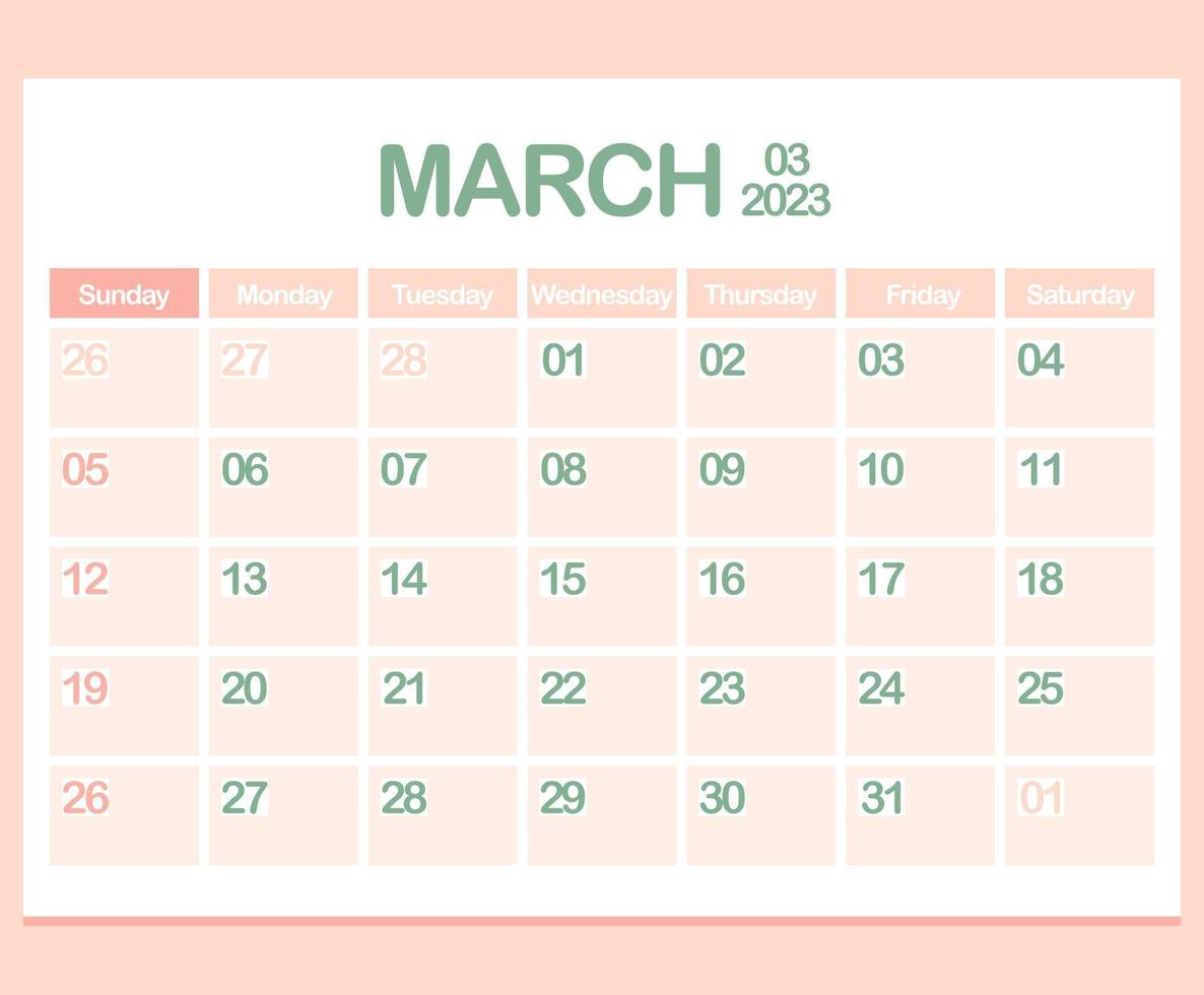Kalender für das Jahr 2023. März. Bürounternehmensplaner-Vorlage in Pastellfarben. Wand- oder Desktop-Kalenderseite. Minimalismus. Woche beginnt am Sonntag vektor