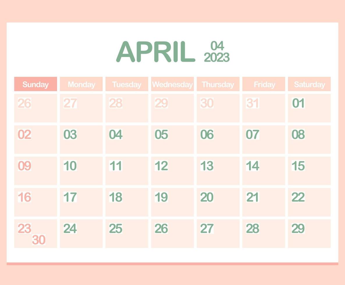 Kalender für das Jahr 2023. April. Bürounternehmensplaner-Vorlage in Pastellfarben. Wand- oder Desktop-Kalenderseite. Minimalismus. Woche beginnt am Sonntag vektor