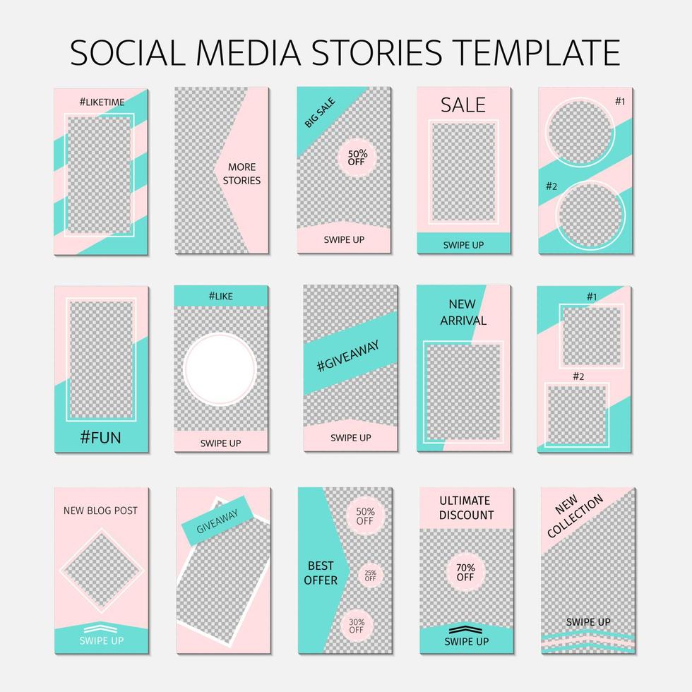 Vorlage für Social-Media-Geschichten. Satz von 15 Story-Layouts für Blogger und SMM. Minzgrüne und rosa Pastellfarbpalette. bearbeitbare Webbanner für mobile Anwendungen. vektor