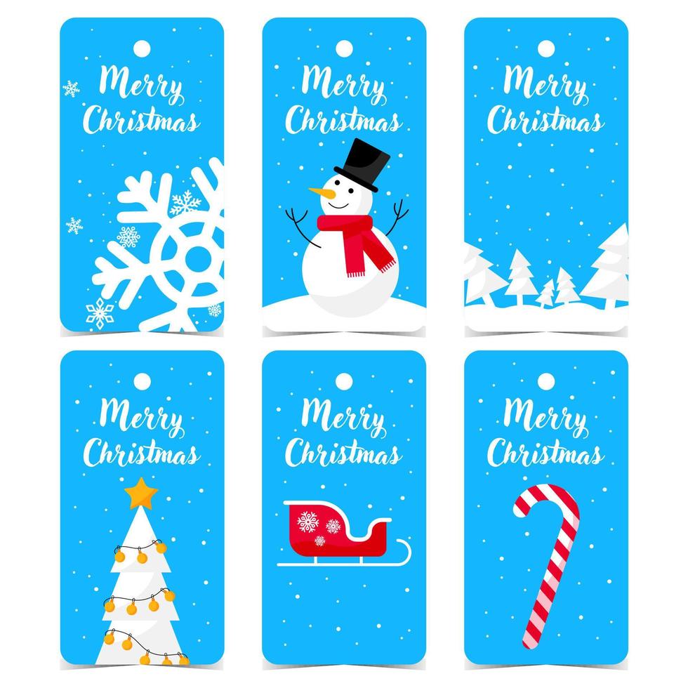 geschenketikett oder geschenkanhänger für weihnachts- und neujahrswinterferien. vektorweihnachtspreisetiketten mit schneeflocke, schneemann, weihnachtsbaum, weihnachtsschlitten, weihnachtsbonbonlutscher und winterlandschaft. vektor
