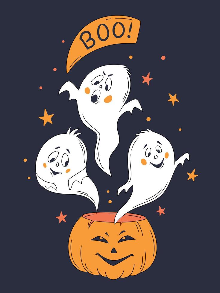 halloween hälsning kort med spöken och pumpa. ett linje hand dragen halloween uttryckssymbol spöken. rolig liten söt spöken. tecknad serie stil. Lycklig halloween fest. högtider tecknad serie karaktär vektor