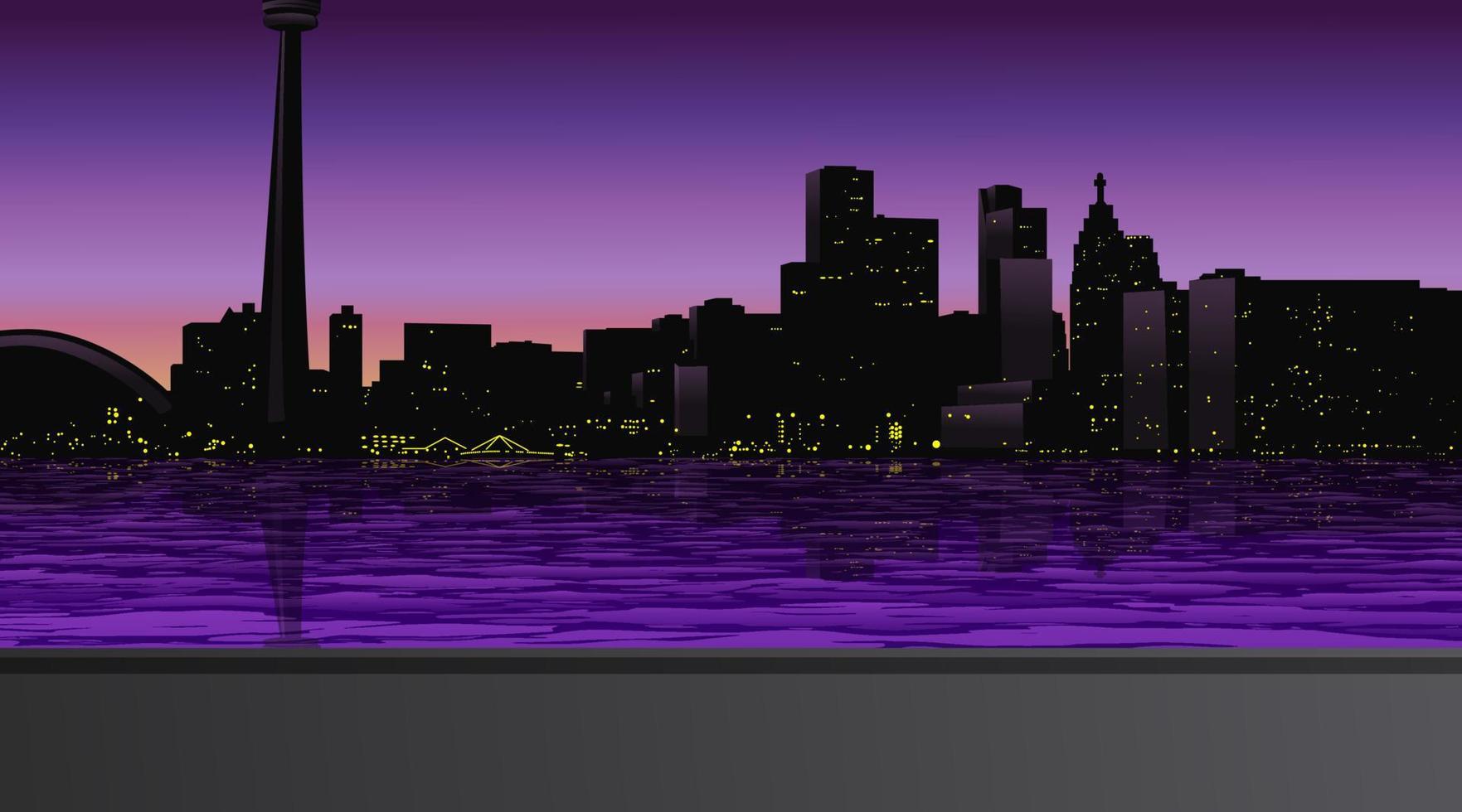 stad solnedgång horisont silhuett med vatten reflexion. vektor illustration