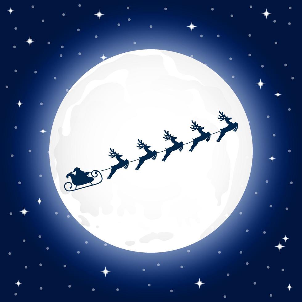 der weihnachtsmann fährt nachts im hintergrund des mondes zum rentierschlitten vektor