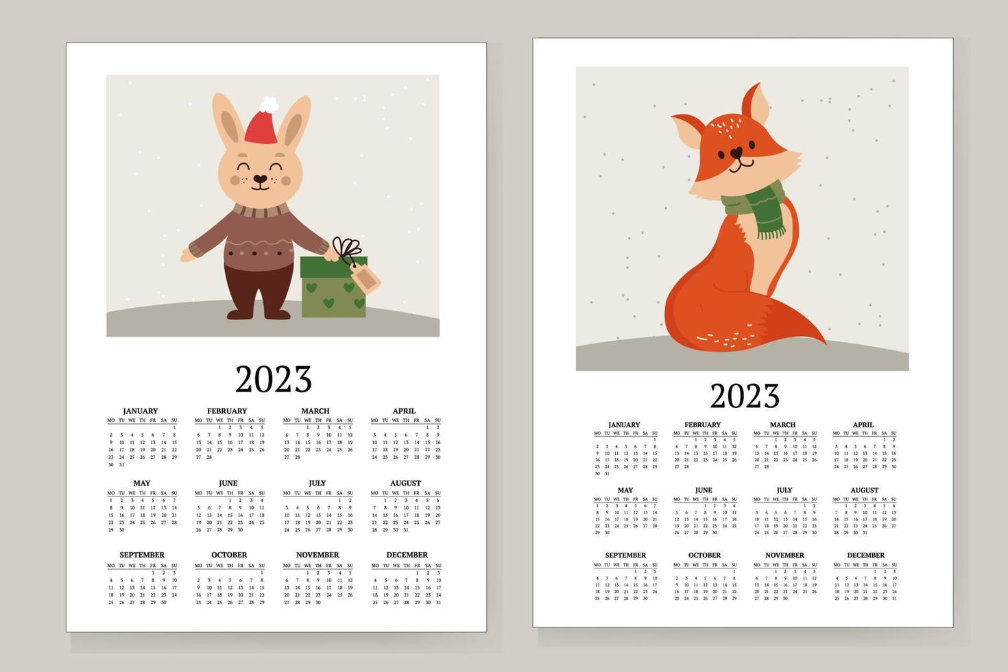 vektor illustration av de kalender år 2023. de vecka börjar på söndag. med en bild av en kanin, hare och räv