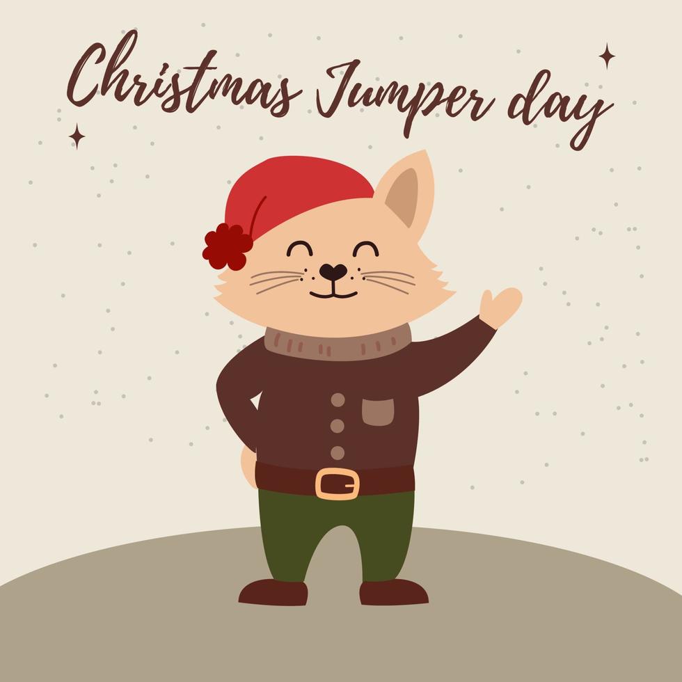 süße katze für weihnachtsfeier. eine feiertagskarte mit der aufschrift happy jumper day. vektor