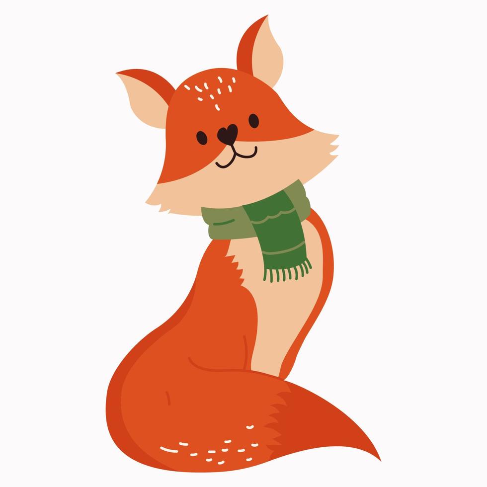 söt tecknad serie orange räv med grön scarf vektor illustration