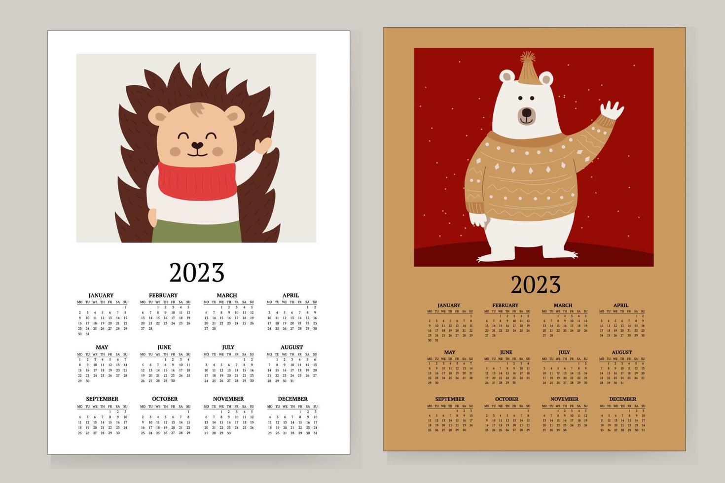 vektor illustration av de kalender år 2023. de vecka börjar på söndag. med en bild av en Björn och en söt igelkott