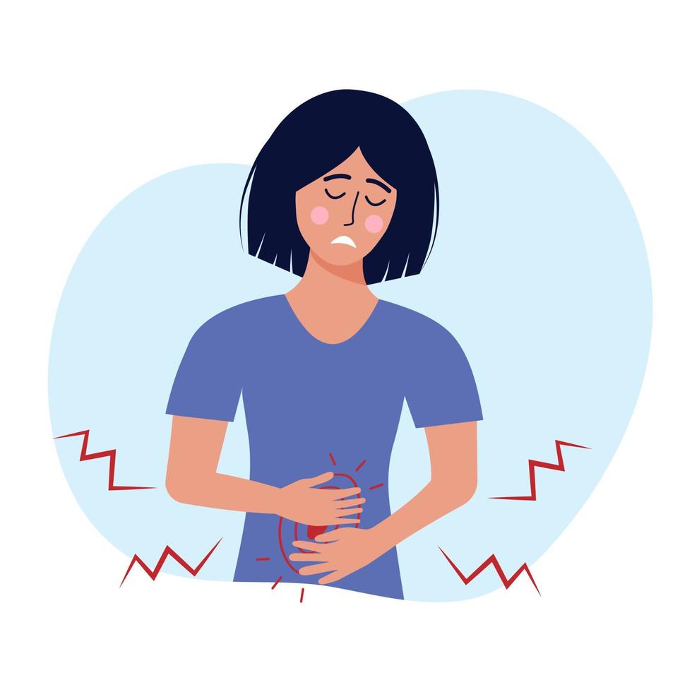 kvinna med mage smärta. kvinna karaktär lider från abdominal smärta. begrepp av förgiftning, period smärta, appendicit, gastrit, matsmältnings systemet problem och ohälsosam livsstil. vektor