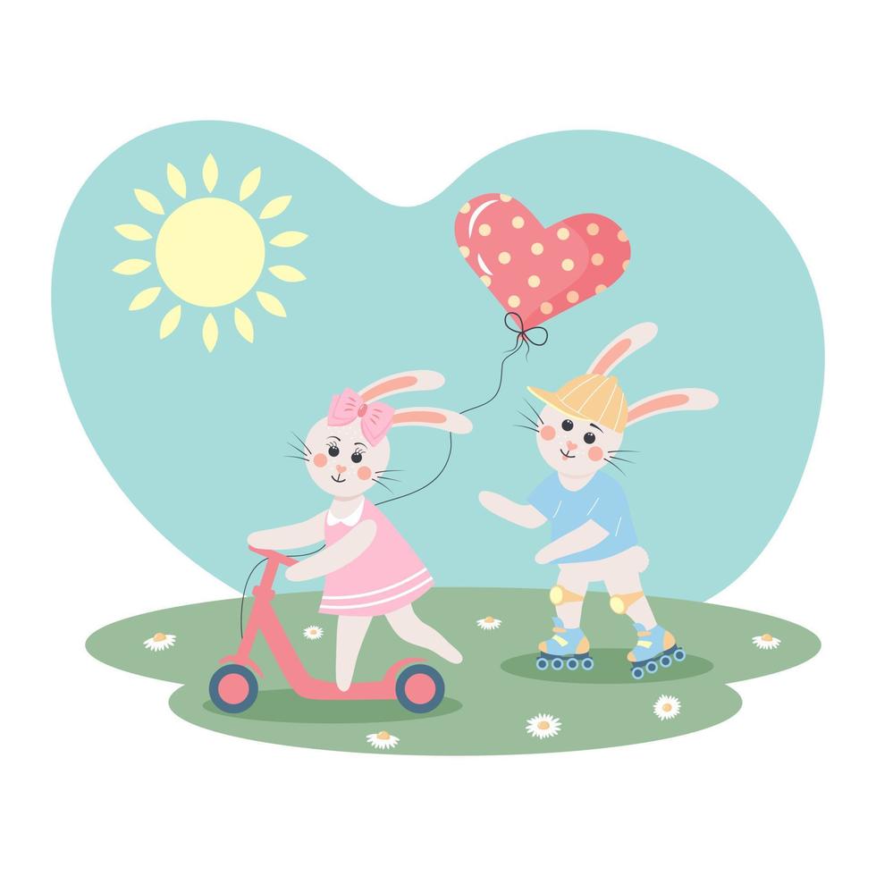 süßes Hasenmädchen auf einem Tretroller mit Herzballon und ein Hasenjunge auf Rollschuhen auf der Wiese. Sommer, Sport im Freien, Urlaub. Grußkarte. vektor
