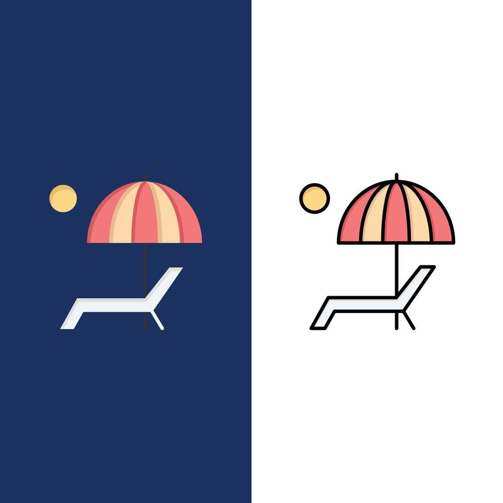 strand paraply bänk njut av sommar ikoner platt och linje fylld ikon uppsättning vektor blå bakgrund