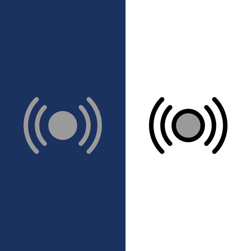 grundlegende wesentliche signal ui ux symbole flach und linie gefüllt icon set vektor blauen hintergrund