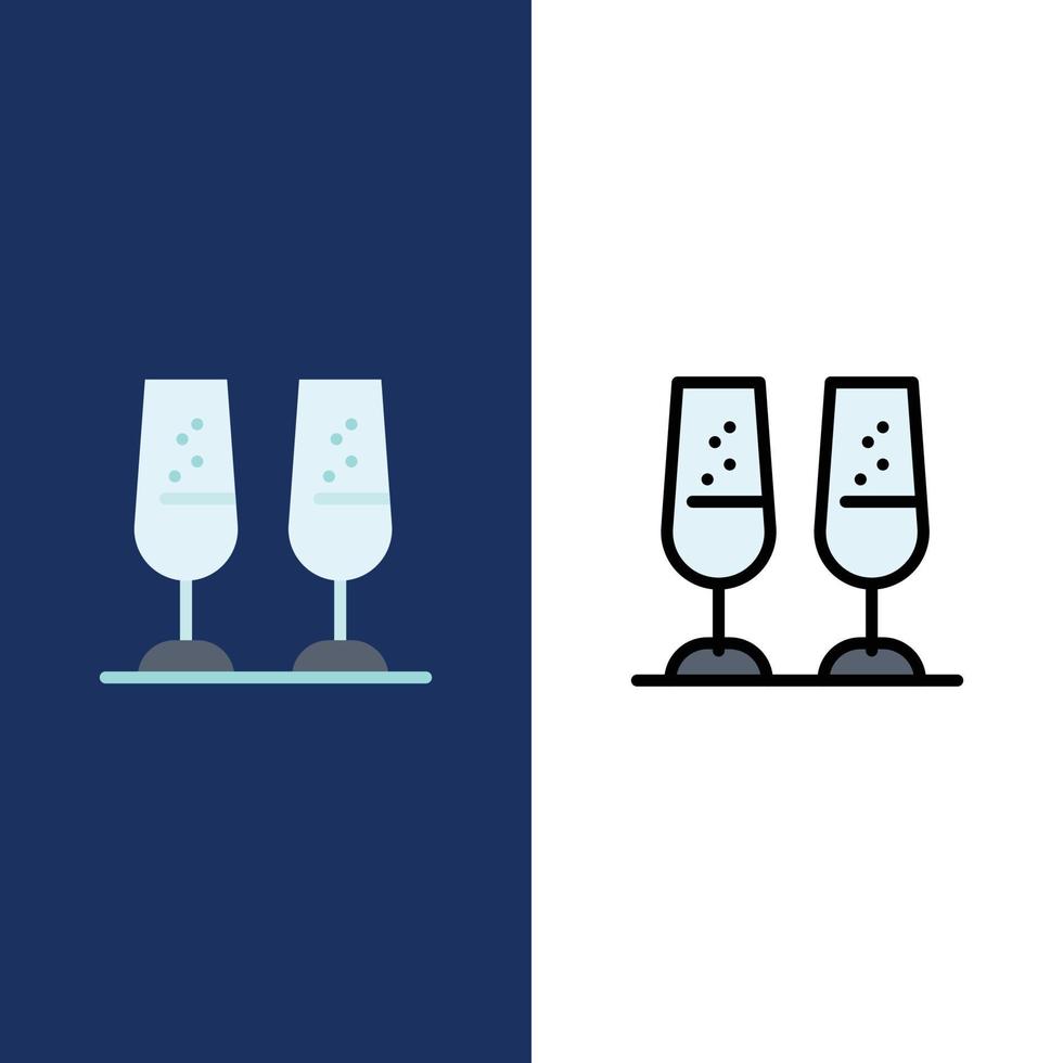 Feier Sektgläser Prost Toasten Symbole flach und Linie gefüllt Icon Set Vektor blau backg