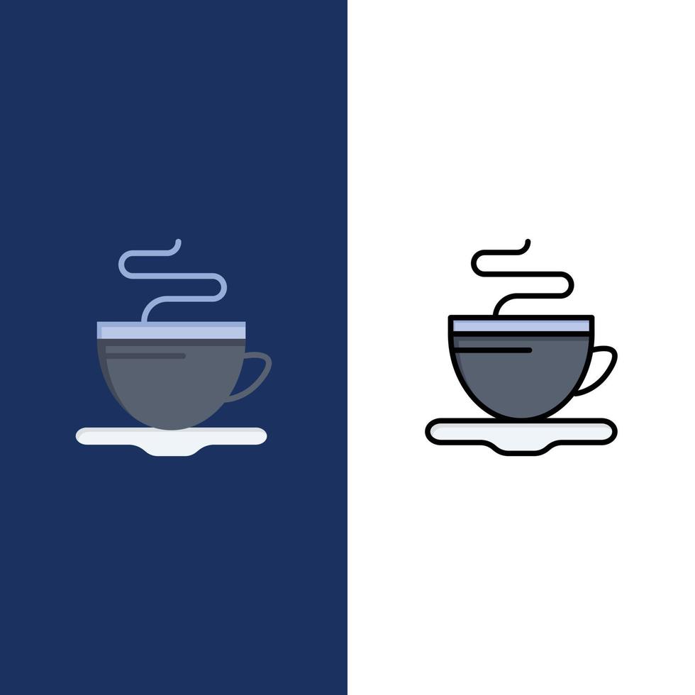Tee Tasse Kaffee Hotel Symbole flach und Linie gefüllt Symbolsatz Vektor blauen Hintergrund