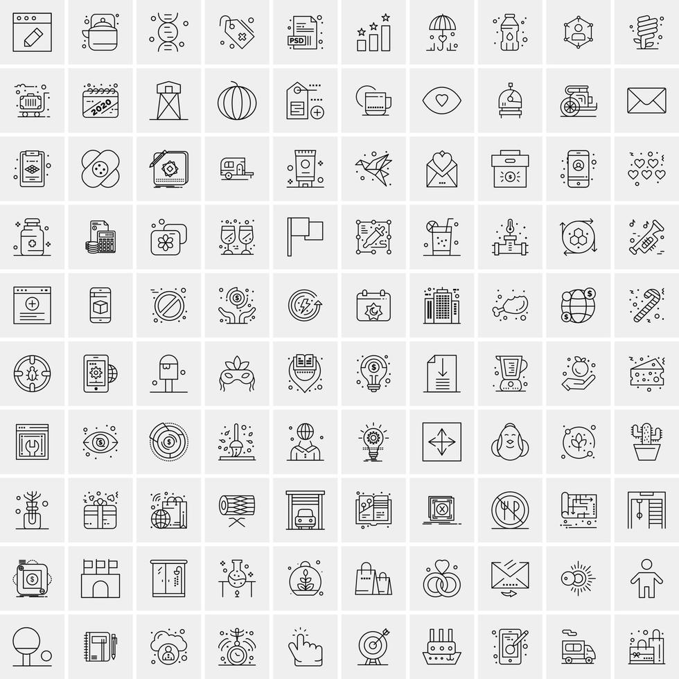 packa av 100 universell linje ikoner för mobil och webb vektor