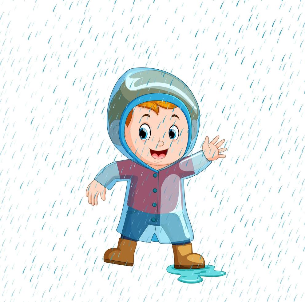 kleiner Junge mit blauem Regenmantel und starkem Regen vektor
