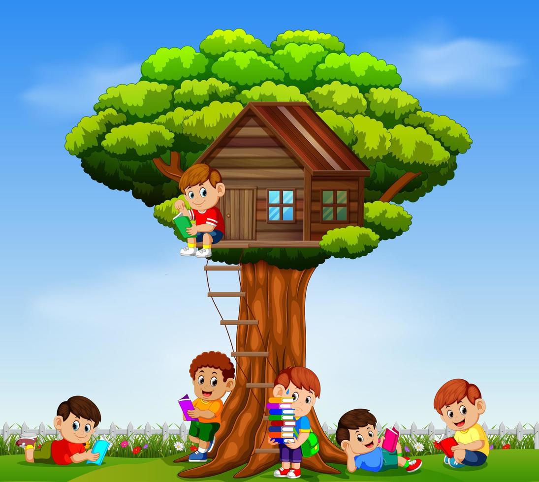 de barn spelar och läsning de bok i de trädgård på de träd hus vektor