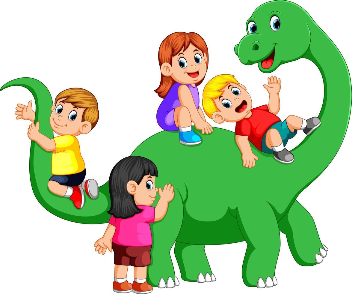 Die Kinder spielen auf dem Apatosaurus-Körper und lassen sich mit ihrem Freund mit dem großen grünen Dinosaurier darauf ein vektor