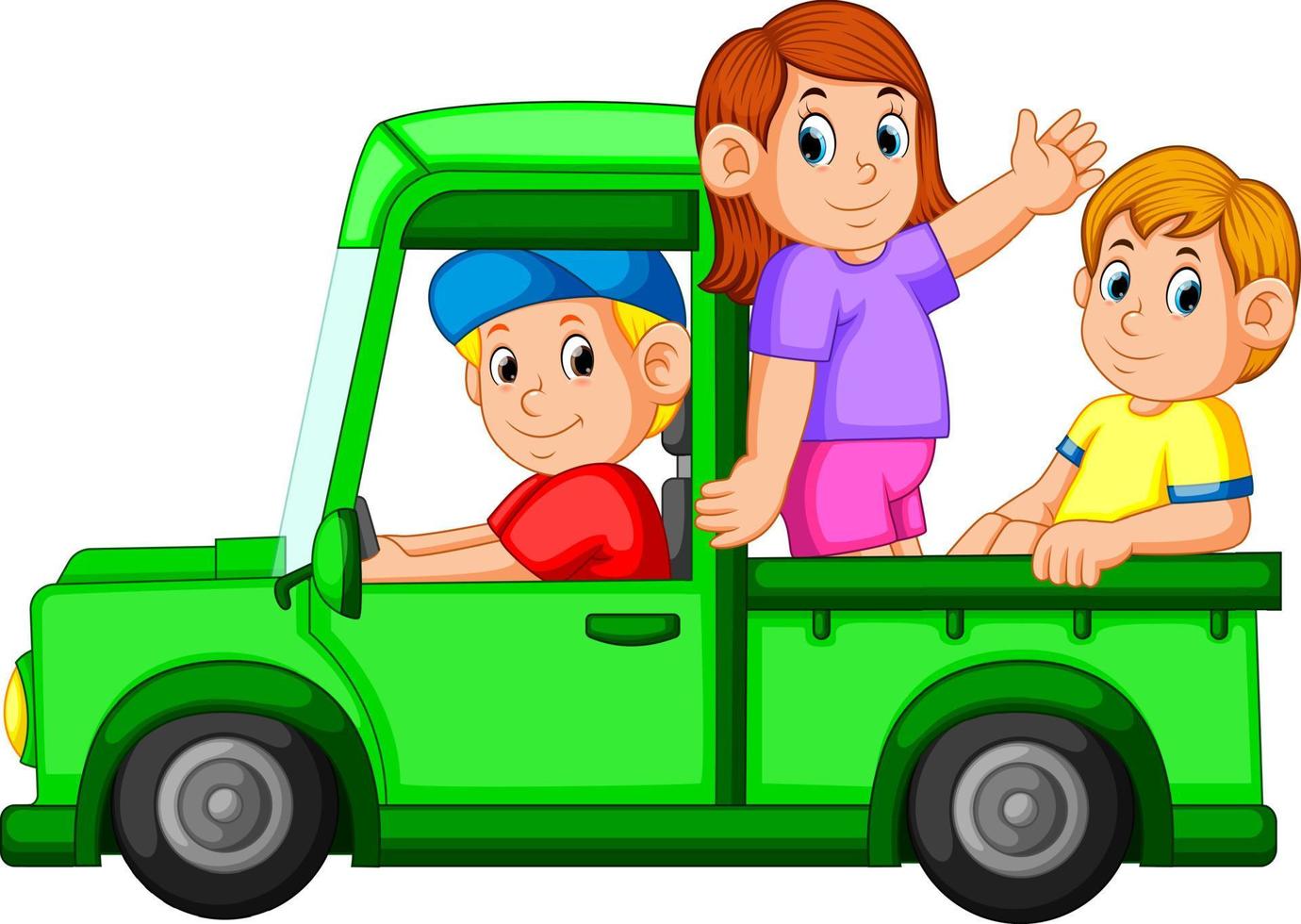 Die glückliche Familie spielt im Auto und ihr Vater fährt das Auto für sie vektor