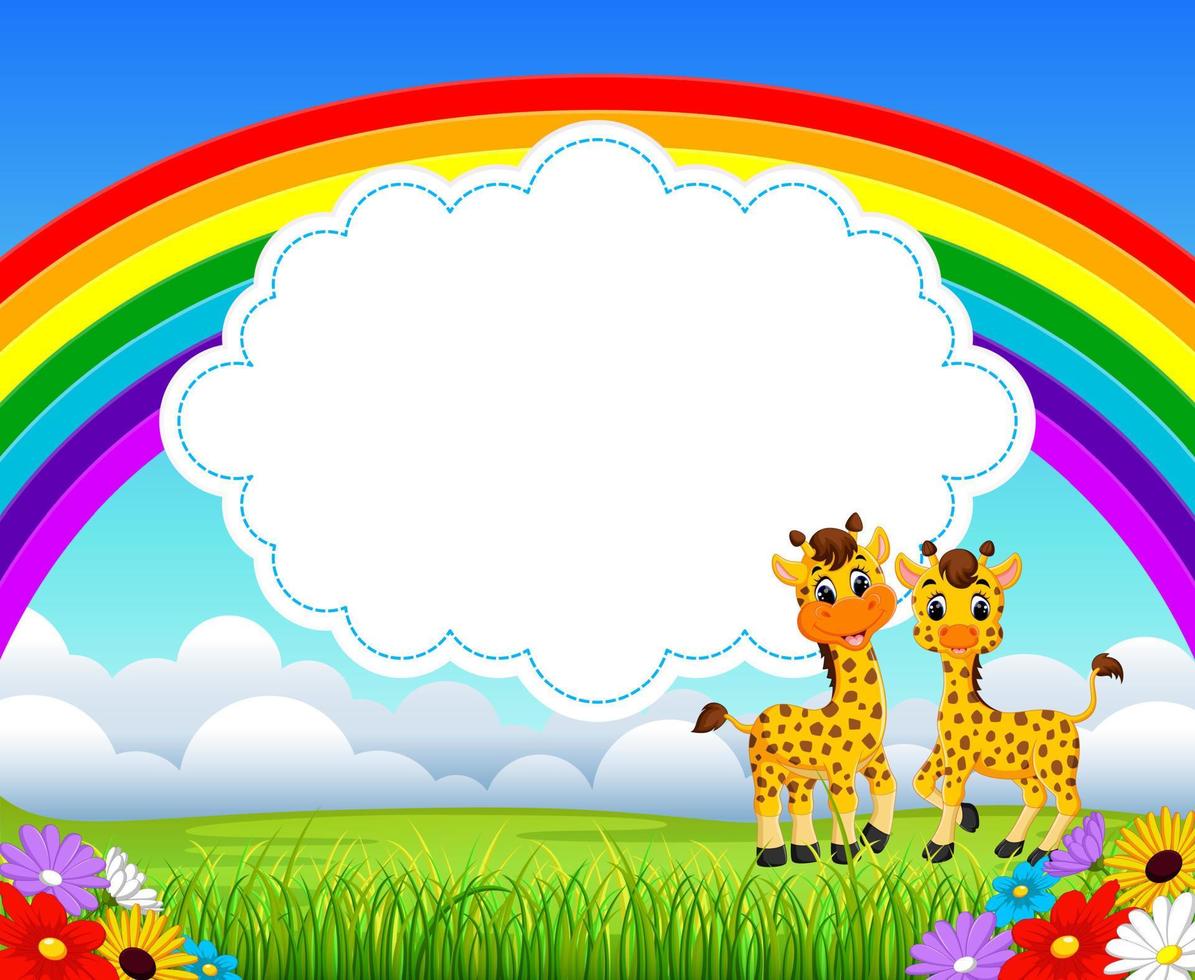 die Naturregenbogenansicht mit der Leerstelle des Wolkenbretts und zwei Giraffen vektor