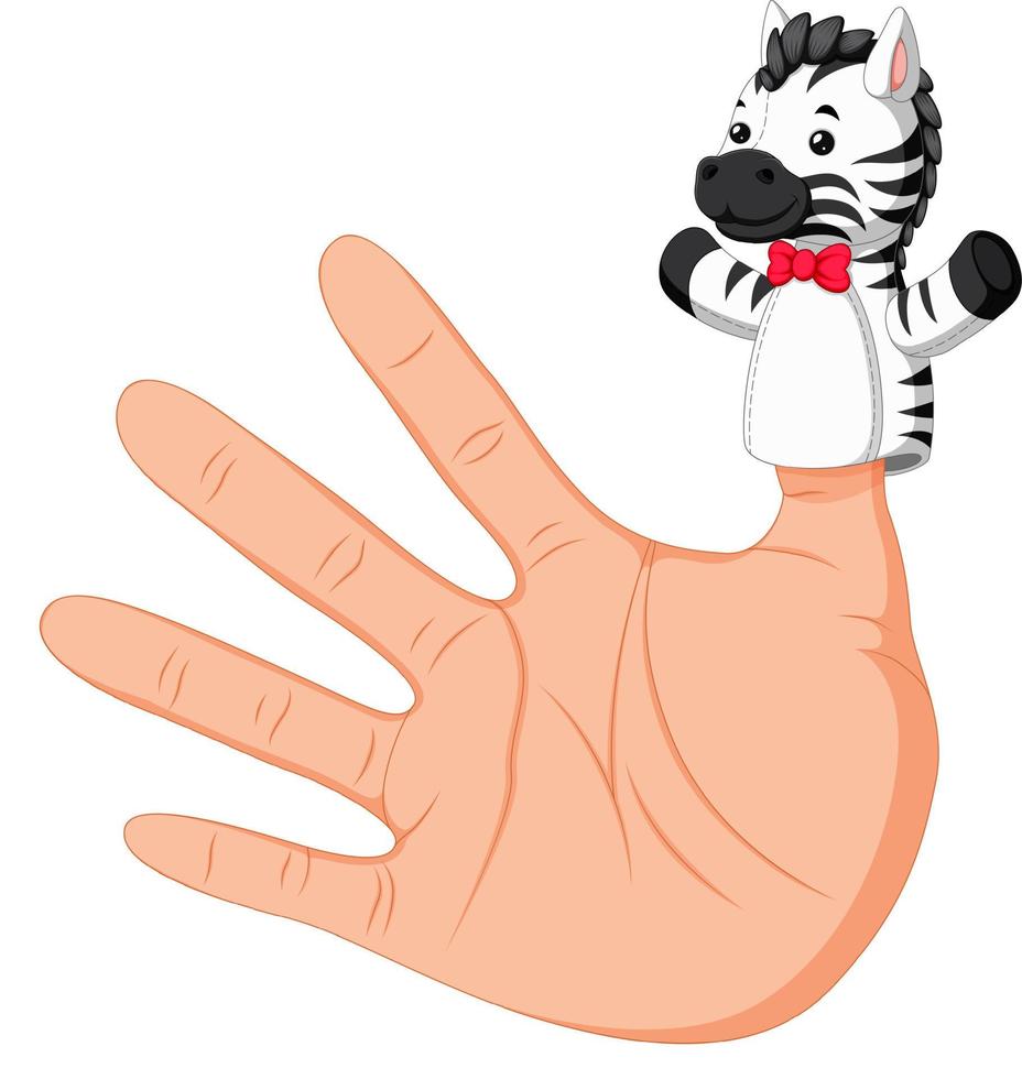 hand bär en zebra finger marionett på tumme vektor