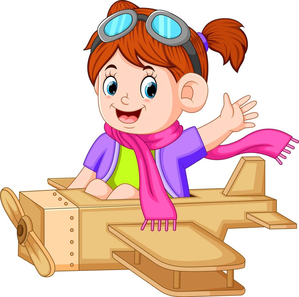 söt flicka spelar med de flygplan leksak vektor