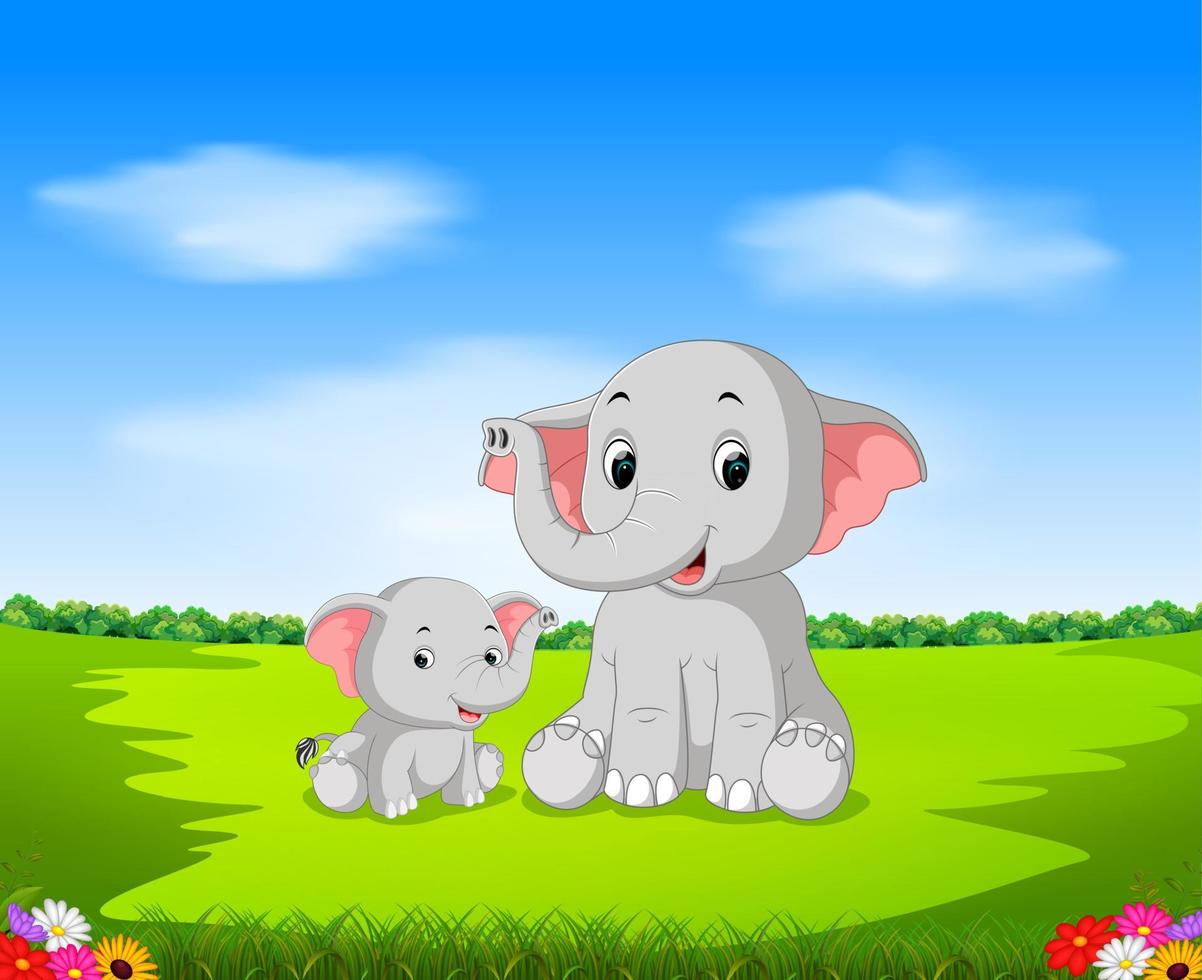die natürliche Aussicht mit der Elefantenmutter und ihrem Baby, die im Garten spielen vektor