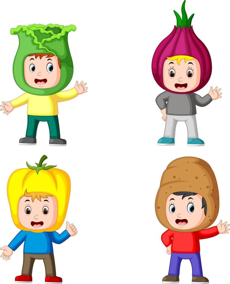 de samling av de barn använder sig av de färsk grönsaker kostym med de annorlunda variant vektor