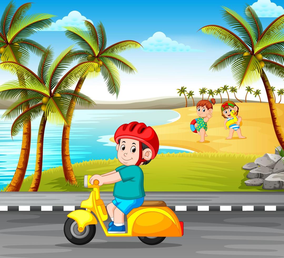 de pojke körning de motorcykel på de väg med de strand bakgrund vektor