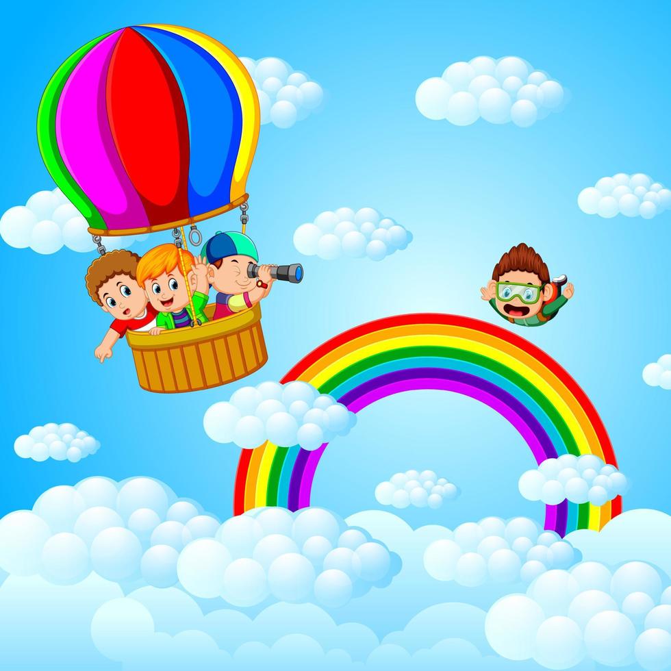 glückliche kinder, die in einem heißluftballon und einem fallschirmspringer fliegen vektor