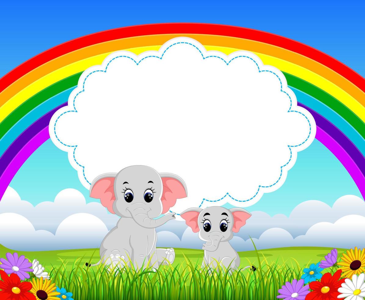 die Ansicht des blauen Himmels der Natur mit der Leerstelle des Wolkenbretts und zwei Elefanten mit der unterschiedlichen Größe vektor