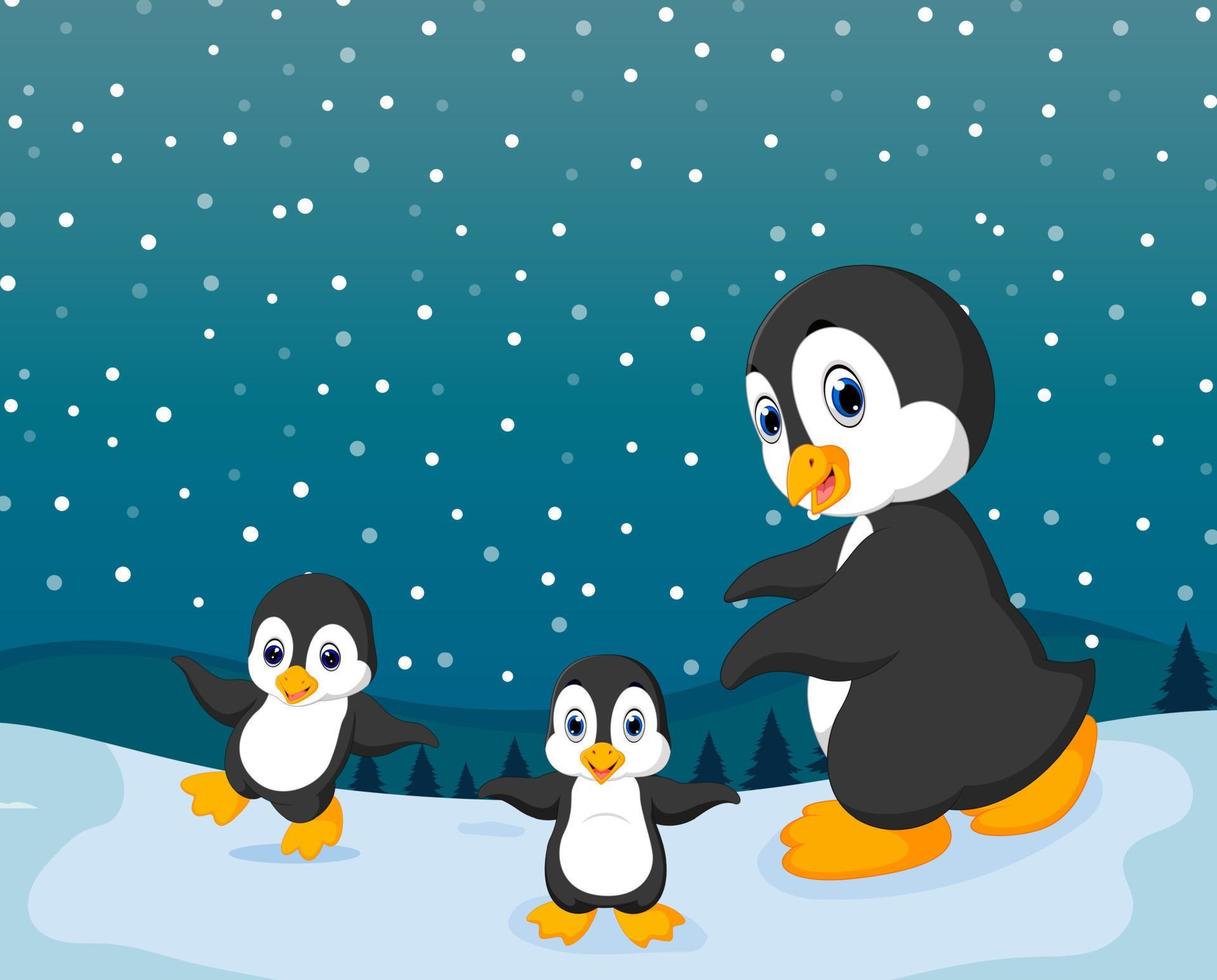 die Wintersaison mit dem kleinen Pinguin und Schnee vektor