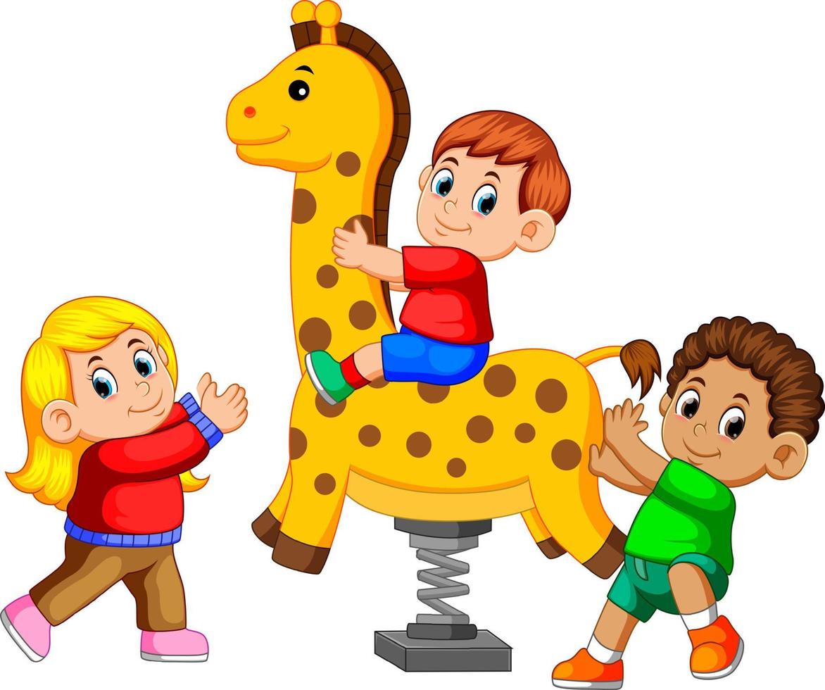 glückliche kinder, die frühlingsreitergiraffe spielen vektor