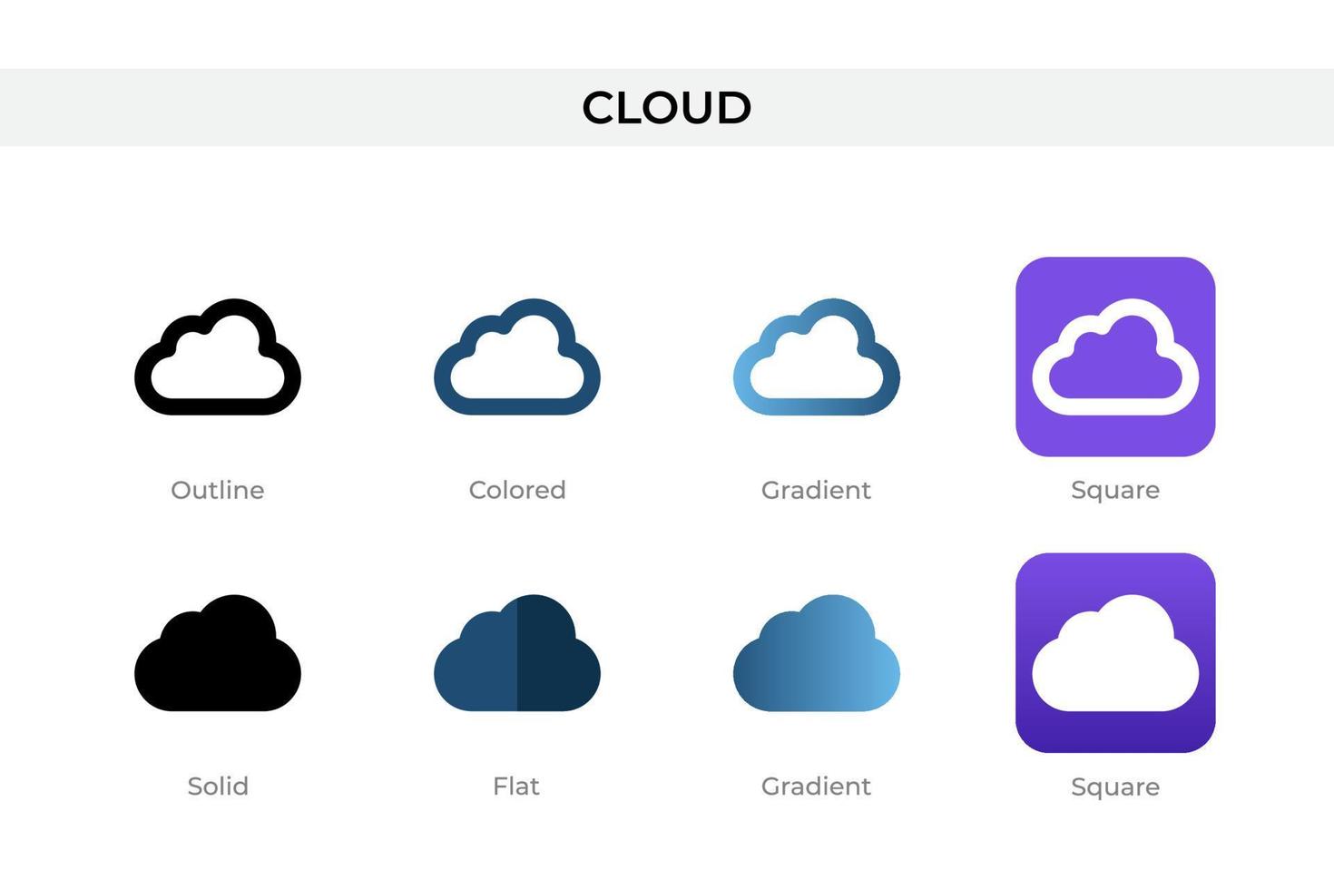 Cloud-Symbol in verschiedenen Stilen. Cloud-Vektorsymbole in Umrissen, soliden, farbigen, Farbverläufen und flachen Stilen. Symbol, Logoabbildung. Vektor-Illustration vektor