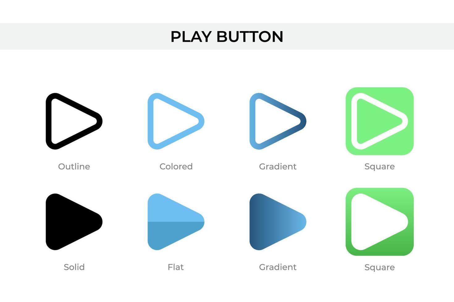 Play-Button-Symbol in verschiedenen Stilen. Vektorsymbole für die Wiedergabeschaltfläche, die in Umrissen, soliden, farbigen, Farbverläufen und flachen Stilen gestaltet sind. Symbol, Logoabbildung. Vektor-Illustration vektor