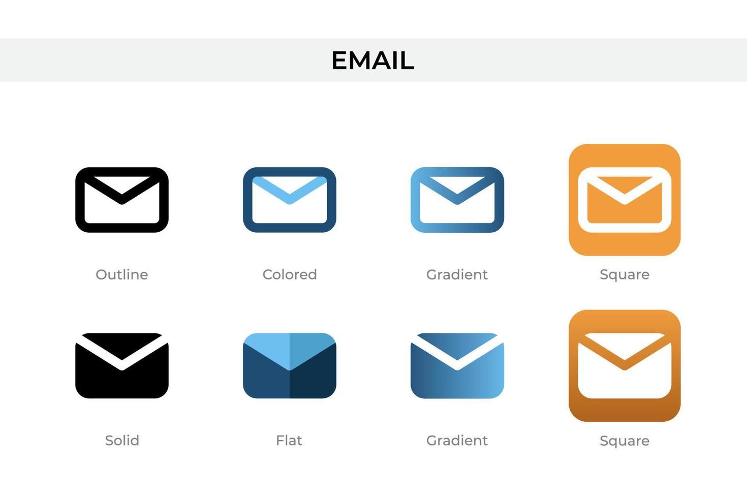 E-Mail-Symbol in einem anderen Stil. E-Mail-Vektorsymbole, die in Umrissen, soliden, farbigen, Farbverläufen und flachen Stilen gestaltet sind. Symbol, Logoabbildung. Vektor-Illustration vektor