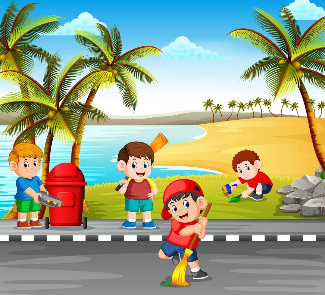 Die Kinder reinigen die Straße in der Nähe des Strandes von den gefährlichen Dingen, um sie sauber zu machen vektor