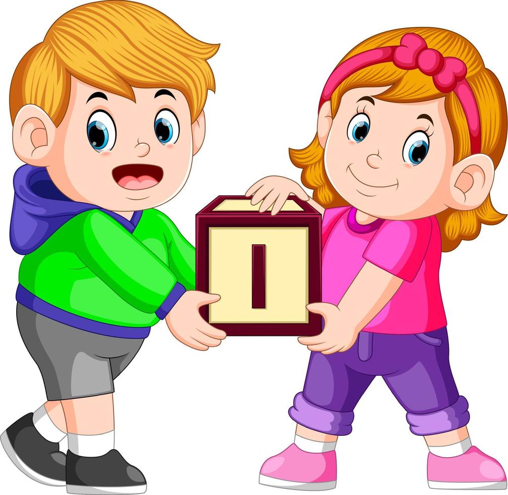 två barn bärande alfabet blockera vektor