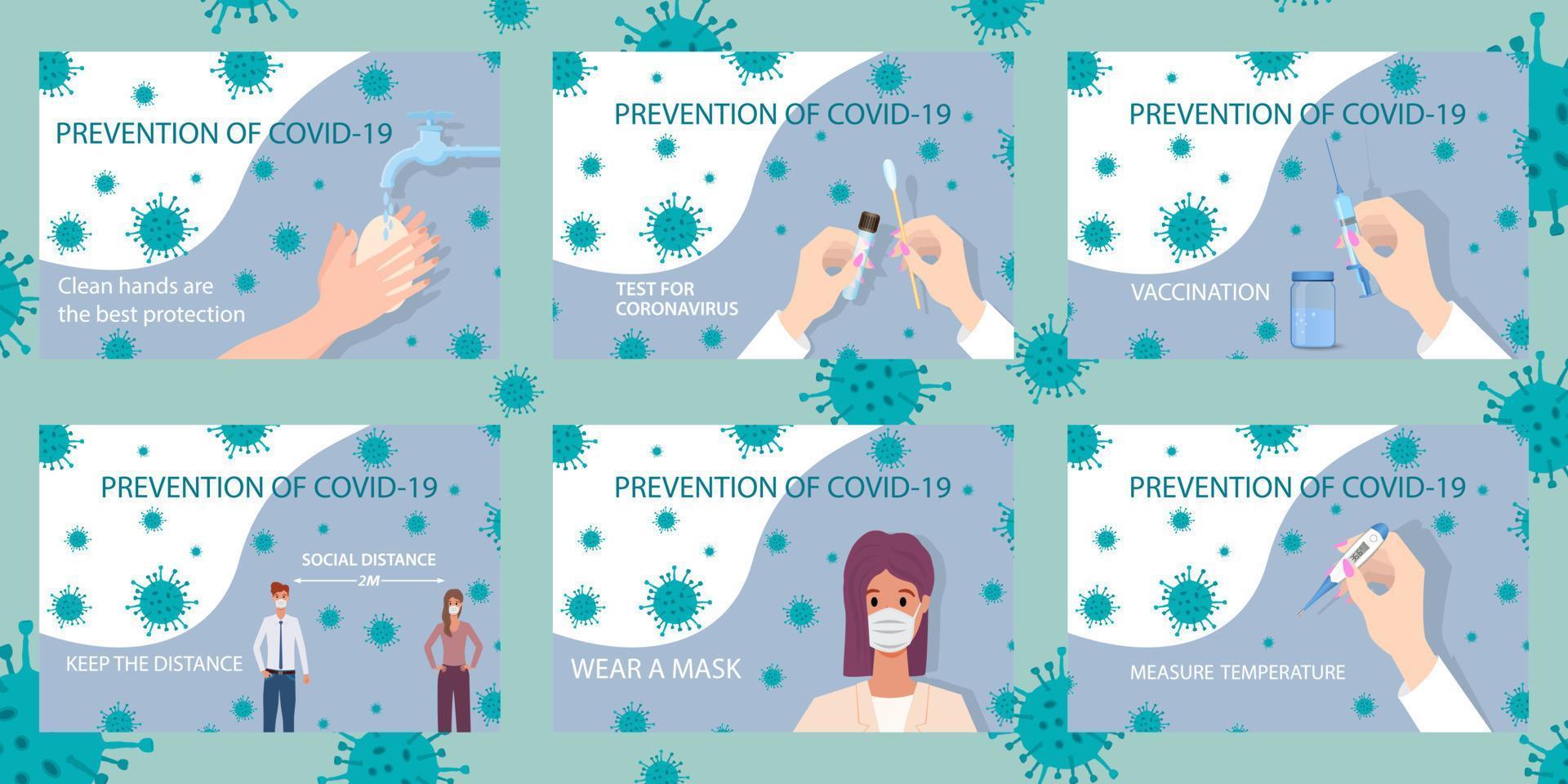 eine reihe von plakaten über vorsichtsmaßnahmen während der covid19-pandemie.konzept der sicherheit und einhaltung von schutzmaßnahmen während der epidemie von coronavirus und influenza vektor