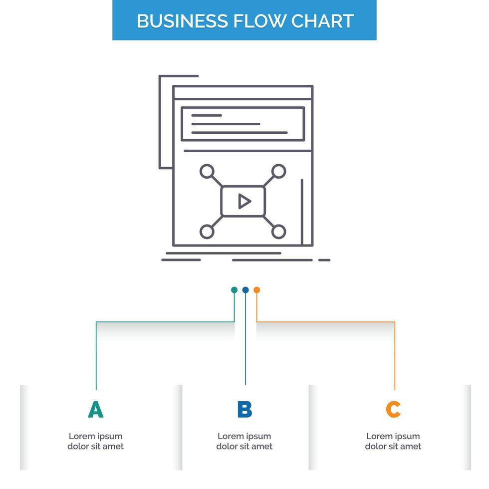 Marketing. Seite. Video. Netz. Website-Business-Flussdiagramm-Design mit 3 Schritten. Liniensymbol für Präsentation Hintergrundvorlage Platz für Text vektor