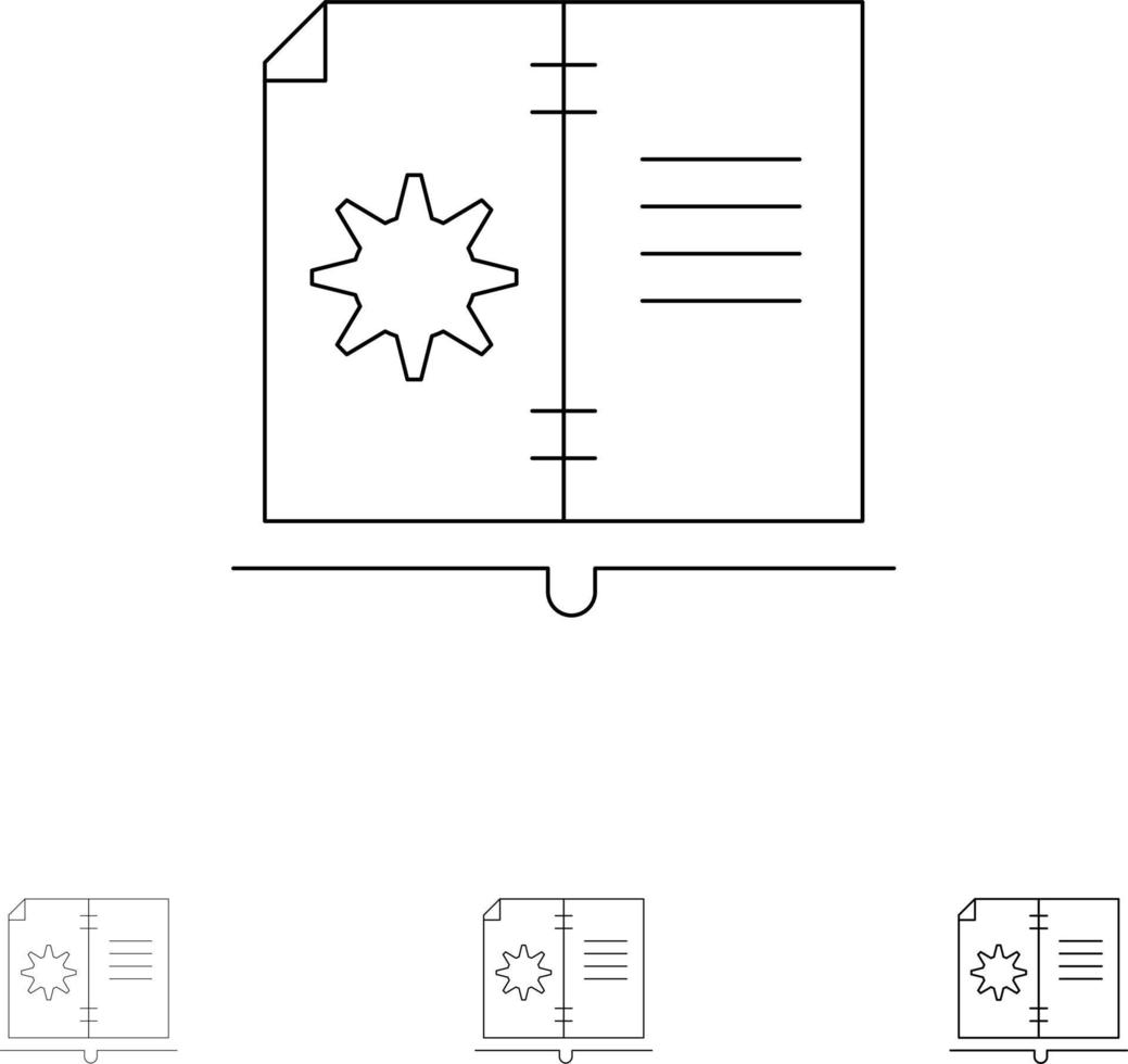 bok guide hårdvara instruktion djärv och tunn svart linje ikon uppsättning vektor