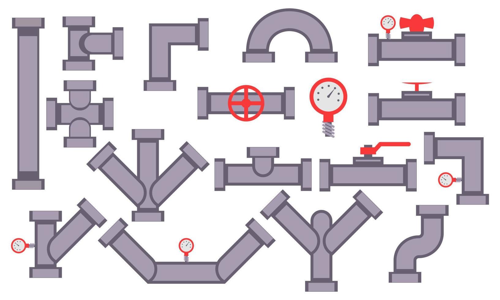 uppsättning metall rör. samling ikoner för rörledning och vatten rör konstruktion. industriell rör för vatten med en ventil eller gas. fabrik element förbindelse Utrustning med fläns. del avlopp vektor