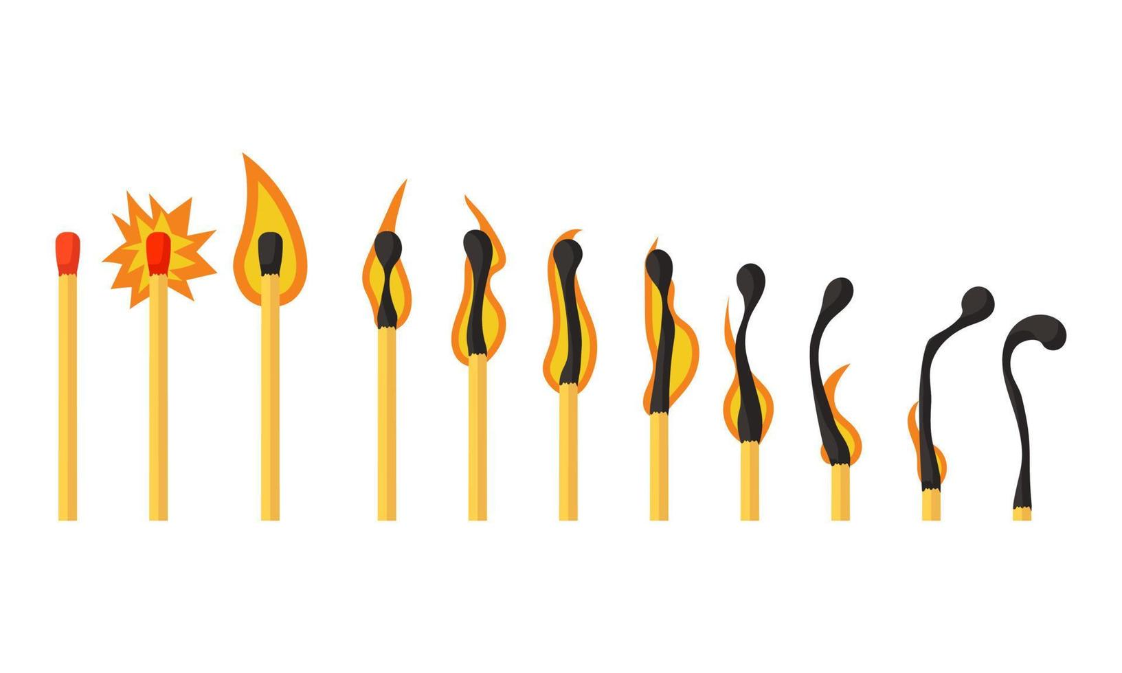 brinnande match animering och flamma antända trä- pinne. matchstick brand sekvens isolerat ikon uppsättning. tecknad serie bränd steg och element rörelse effekt. rad brandfarlig animerad läser in vektor illustration