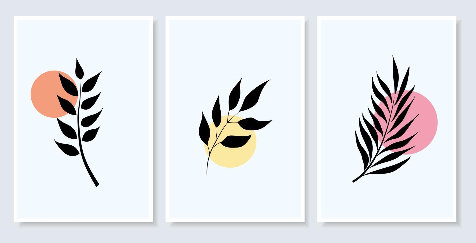 Sonne mit Blättern Wandkunstdruck. Designplakate im Boho-Stil. abstraktes Pflanzenkunstdesign für Druck, Cover, Tapete, minimale und natürliche Wandkunst. Vektor-Illustration. vektor