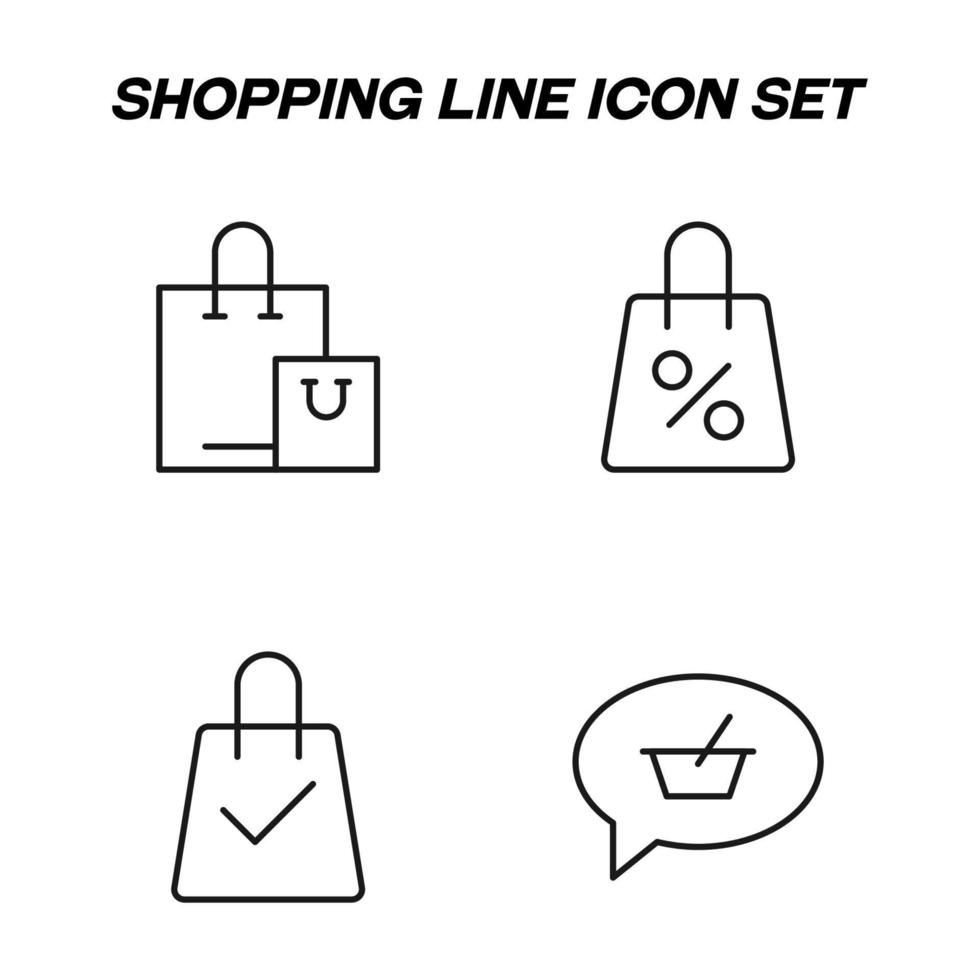 minimalistische umrisszeichen im flachen stil gezeichnet. editierbarer Strich. Vektorliniensymbol mit Symbolen für Einkaufstasche, Prozent, Häkchen, Einkaufskorb innerhalb der Sprechblase vektor