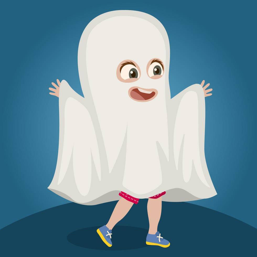 pojke i spöke kostym med en vit ark vektor